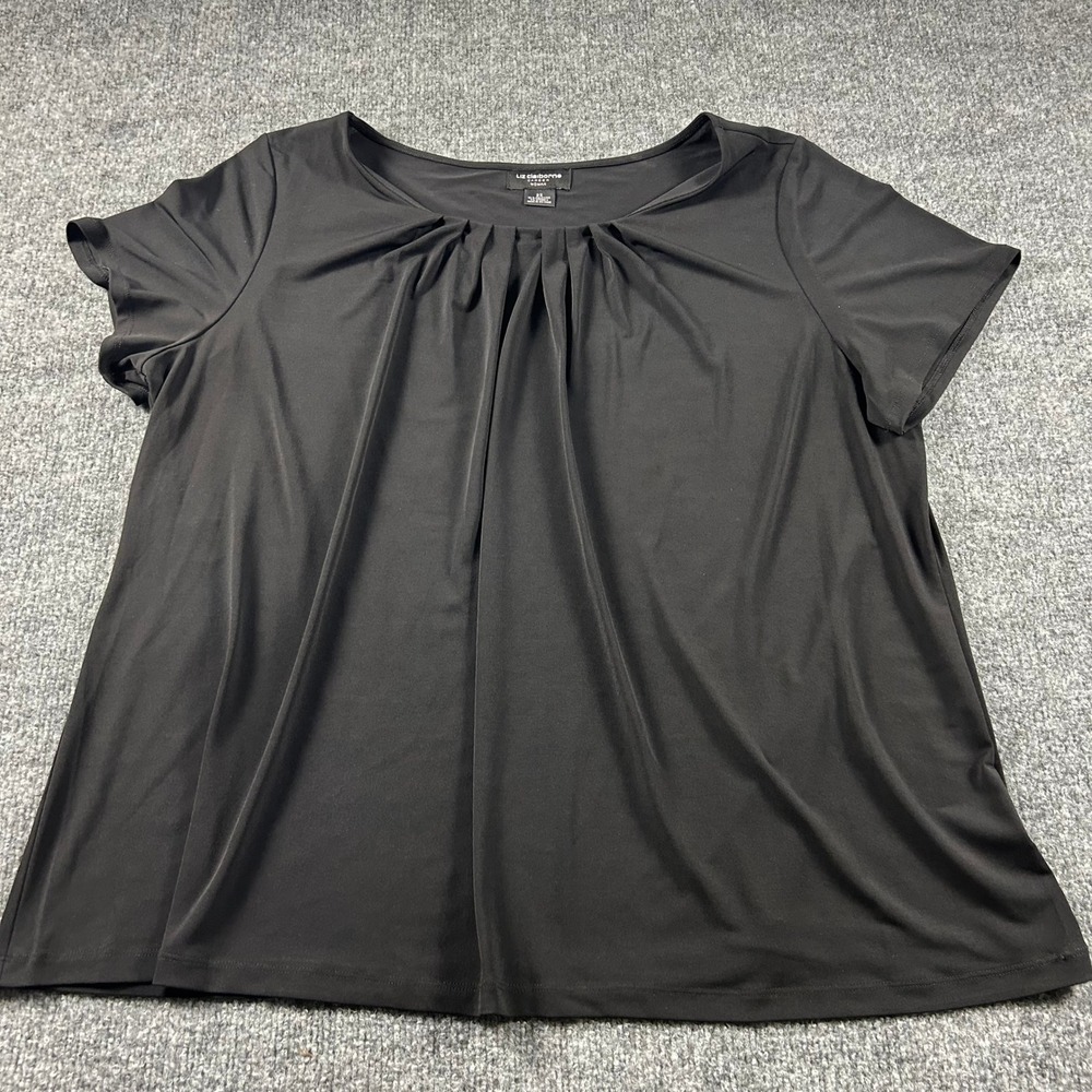 Liz Claiborne Career Woman Black‎ Pleated Scoop Neck Blouse 2X Short Sleeve Top